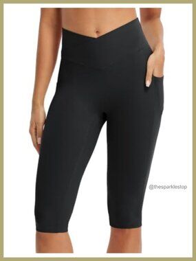 Women's Capri Leggings with Pockets, V Waistband, 14" Knee Length Yoga Pants,